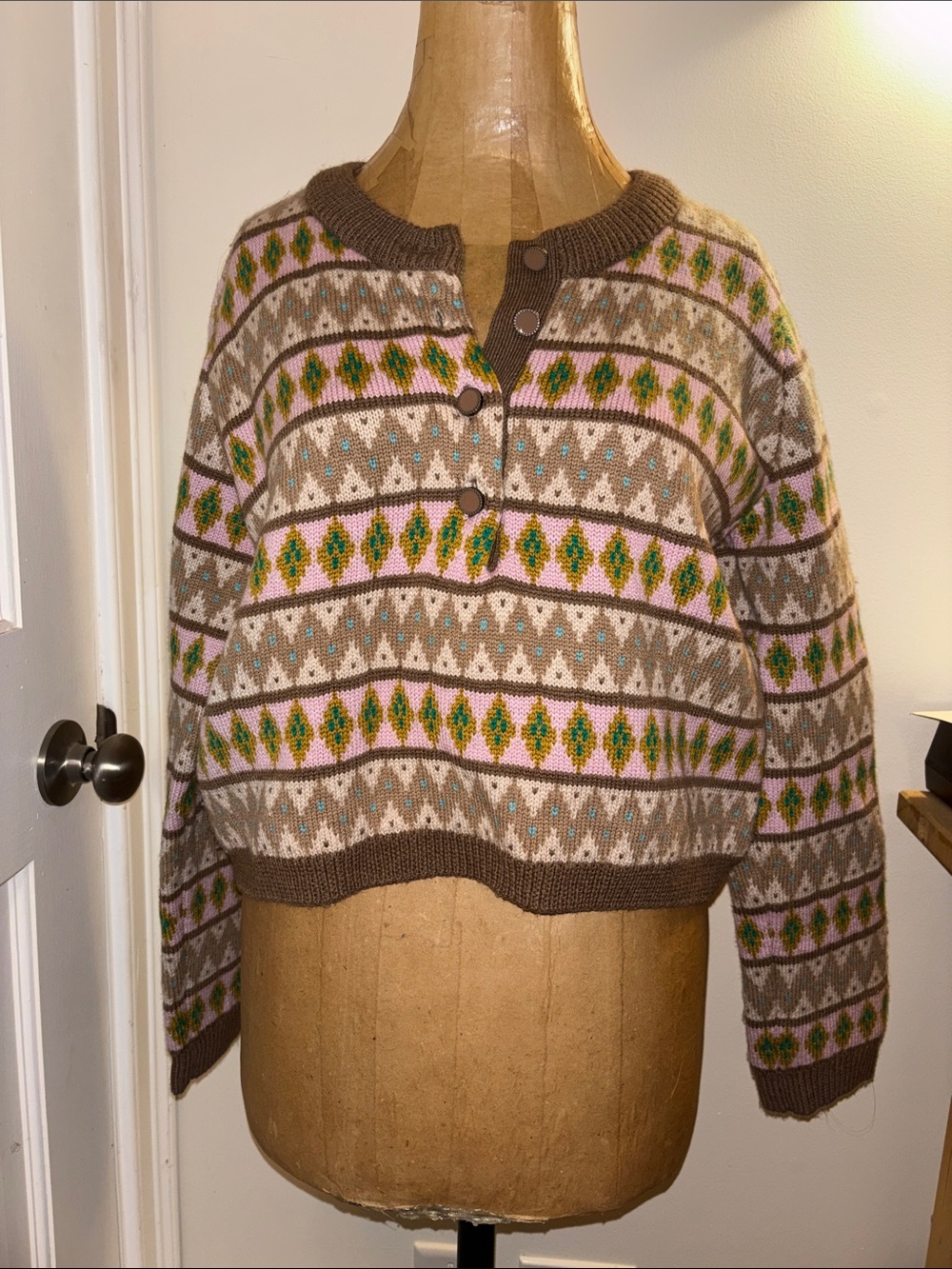 La Ligne Multicolor Fair Isle Wool Cropped Cardigan - Brown, Pink, Green, Cream